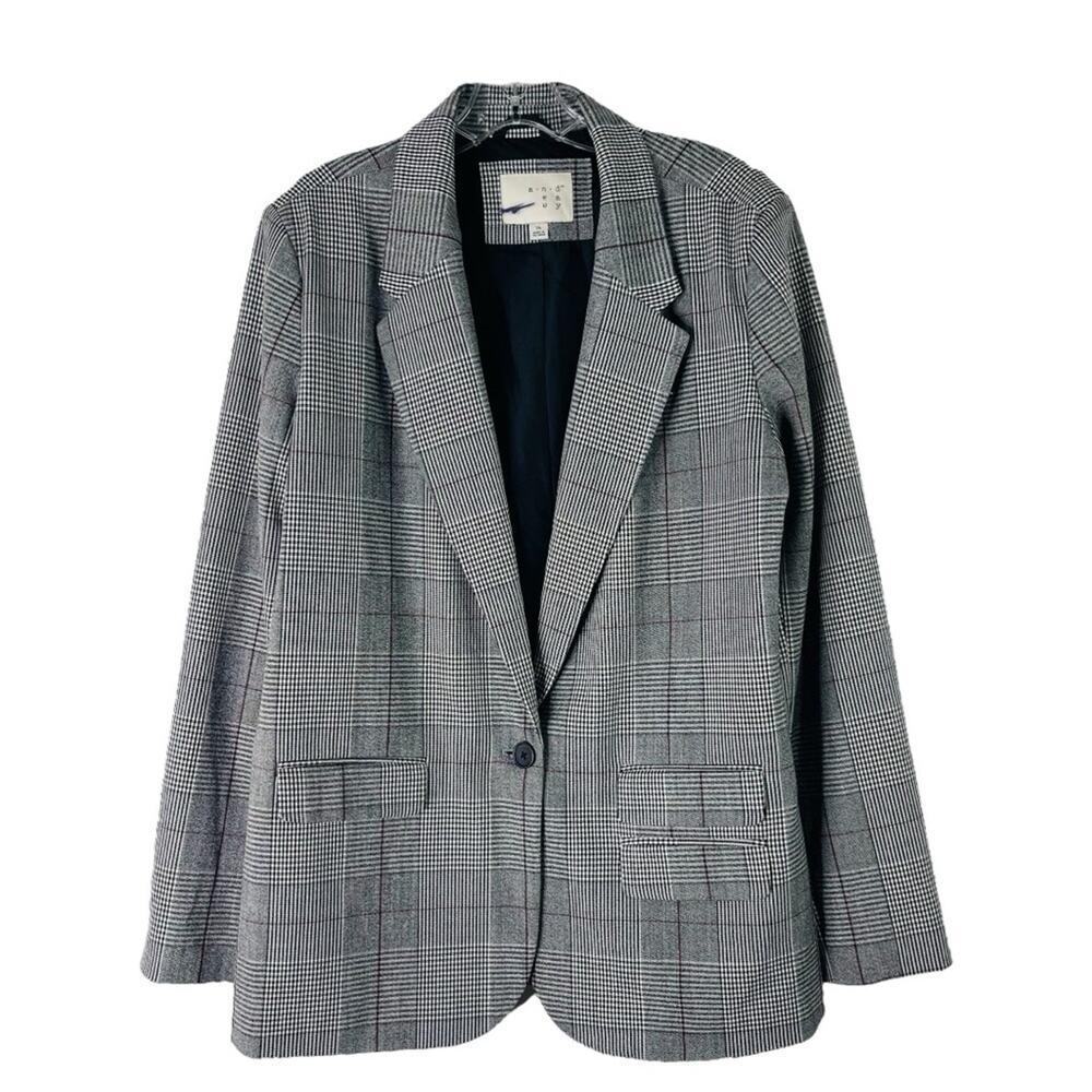 A New Day black white burgundy plaid houndstooth preppy boyfriend blazer 14 - Picture 1 of 7